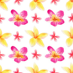 Fototapeta na wymiar Tropical flowers pattern. Watercolor seamless floral pattern with bright Yellow, orange, pink multicolored tropical flowers