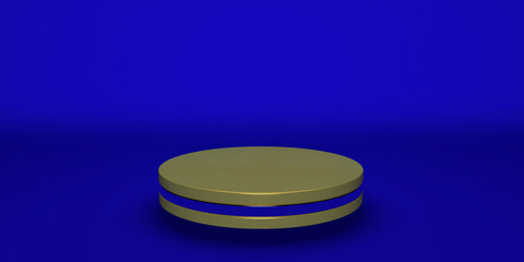 Golden product stand futuristic or podium pedestal on empty display with blue backdrops. 3D rendering.