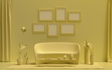 Poster frame background room in flat light yellow color with 6 frames on the wall, solid monochrome background for gallery wall mockup, 3d rendering