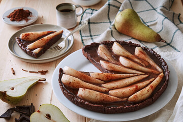 pear and chocolate homemade cake tart with slice