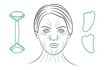 Massage lines face. Outline a woman's face. Cosmetic procedure. Massage Chinese technique of gouache. Vector illustration.