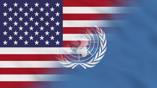 USA and United Nations Crumpled Fabric Flag. USA Flag. United Nations Flag. North America. Europe Flags. Celebration. Surface Texture. Background Fabric.