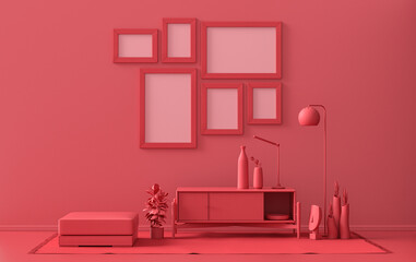 Poster frame background room in flat dark red, maroon color with 6 frames on the wall, solid monochrome background for gallery wall mockup, 3d rendering