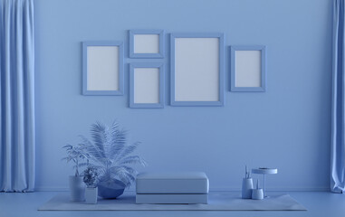 Fototapeta na wymiar Single color monochrome light blue color interior room with furnitures and plants, 5 poster frames on the wall, 3D rendering