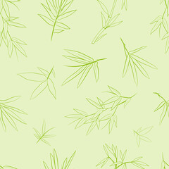 Seamless background with bamboo leaves and branches. Set of bamboo tree leaves. Hand drawn botanical collection. Drawing of parts of bamboo and sections of branches and leaves on a green background. 