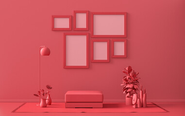 Poster frame background room in flat dark red, maroon color with 6 frames on the wall, solid monochrome background for gallery wall mockup, 3d rendering