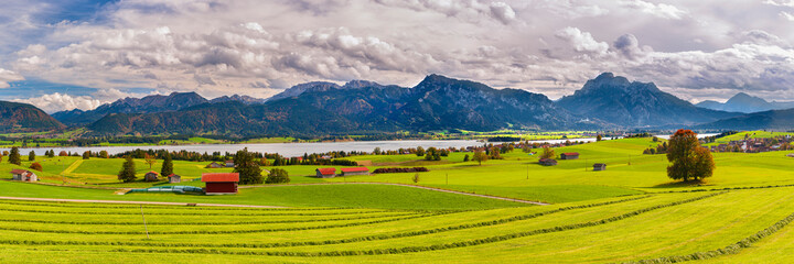 beautiful panoramic landscape in Bavaria, Germany, with alps mountain range