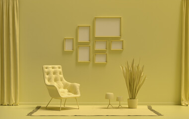Mock-up poster gallery wall with 7 frames in solid pastel light yellow room with furnitures and plants, 3d Rendering