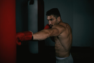 Fototapeta na wymiar Portrait of a young boxer, kick boxer who preparing for training