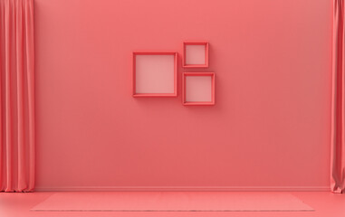 Gallery wall with three frames, in monochrome flat single light pink, pinkish orange color room without furniture and empty,  3d Rendering