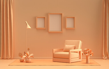 Gallery wall with three frames, in monochrome flat single orange pinkish color room with furnitures and plants,  3d Rendering