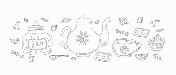 Doodle tea time elements collection. Hand drawn vector set of tea icons. Teapots, cups, cupcakes and sweets.