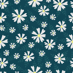 Fototapeta na wymiar Vector seamless pattern. Floral print with chamomile flowers, leaves in a hand-drawn style. Spring/summer template for fashion design, textiles.