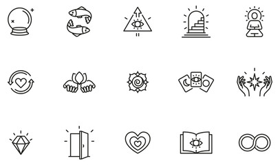 Vector Set of Linear Icons Related to Calm, Harmony, Magic, Occulture and Self-Knowledge. Mono Line Pictograms and Infographics Design Elements