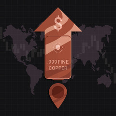 Copper market price rise up concept. Design by Cu metal bar and arrow up with jet engine and US dallar sign. copper value move up during world economic recession. Risk management hedge fund. Vector