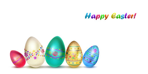 Illustration with several realistic Easter eggs in various colors with holiday symbols, glares and shadows on white background