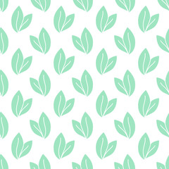 Vector seamless pattern with leaves, repeatable minimalistic background. Repeatable botanical backdrop. Green geometric tea leaves motif.