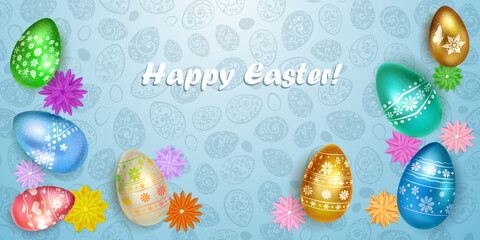 Illustration with several realistic Easter eggs in various colors with holiday symbols, glares and shadows on colorful background