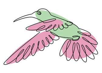 The hummingbird is flying. Bird in modern one line style. Solid line, outline for decor, posters, stickers, logo. Vector illustration.