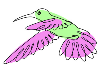 The hummingbird is flying. Bird in modern one line style. Solid line, outline for decor, posters, stickers, logo. Vector illustration.
