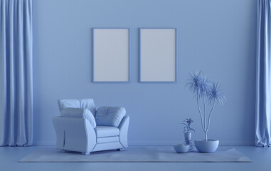Fototapeta na wymiar Double Frames Gallery Wall in light blue monochrome flat room with single chair and plants, 3d Rendering