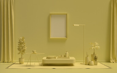 Naklejka na ściany i meble Single Frame Gallery Wall in light yellow color monochrome flat room with furnitures and plants, 3d Rendering