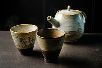 green tea in the handmade bowls