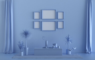 Poster frame background room in flat light blue color with 6 frames on the wall, solid monochrome background for gallery wall mockup, 3d rendering