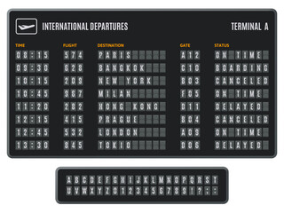 Airport flip board. Departures information scoreboard, flipping arrival countdown. Scoreboard flip airport info display vector illustration set