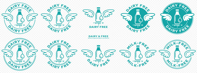 Conceptual stamps. Labeling - dairy free, milk free, no milk. The brand with the wings and the milk bottle and milk drop icon is a symbol of freedom from milk. Vector set	
