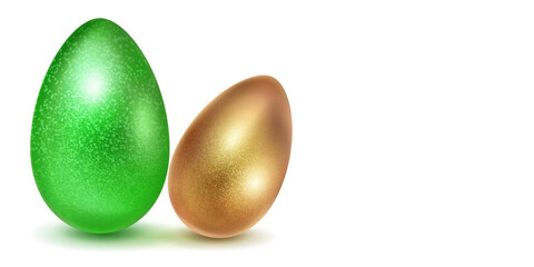 Two realistic Easter eggs with different surface texture in green and golden colors. With shadow on white background