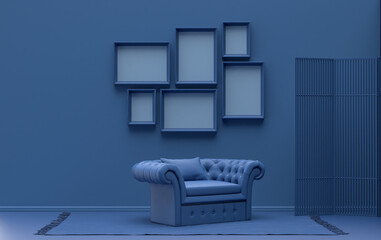 Wall mockup with six frames in solid flat  pastel dark blue color, monochrome interior modern living room with single chair, without plant, 3d rendering