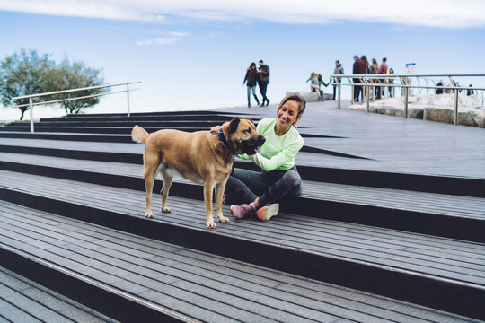 Cheerful owner stroking dog on street