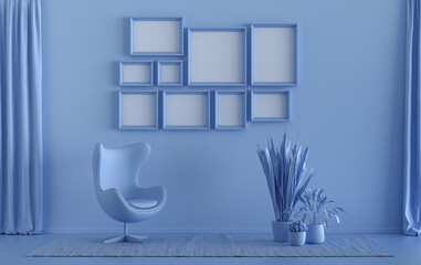 Modern interior flat light blue color room with single chair and plants, gallery wall template with 9 frames on the wall for poster presentation, 3d Rendering