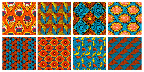 Fototapeta na wymiar Ethnic wax textile pattern. African abstract wax seamless ornaments vector background illustration set. Vibrant colours decorative fabric texture