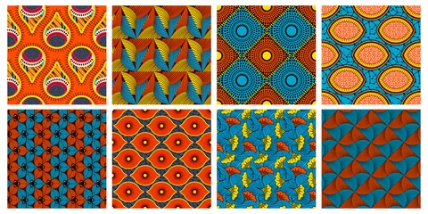 Fotobehang Ethnic wax textile pattern. African abstract wax seamless ornaments vector background illustration set. Vibrant colours decorative fabric texture © WinWin