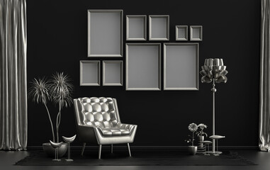 Modern interior flat black background and metallic silver color room with furnitures and plants, gallery wall template with 9 frames on the wall for poster presentation, 3d Rendering