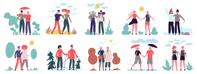 Different seasons. Couples walk at various weather, summer heat, winter snowfall and autumn rain. Couple seasonal activities vector illustration set