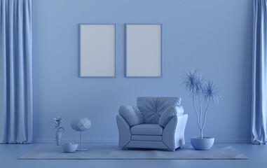 Double Frames Gallery Wall in light blue monochrome flat room with furnitures and plants, 3d Rendering