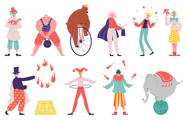 Circus artists. Juggler artist, acrobat, magician performer, strongman, clown and trained animals vector illustration set. Carnival circus performers © WinWin