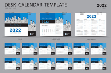 Desk calendar 2022 Set template and Calendar 2023 layout, Set of 12 Months, Planner, Week starts on Sunday, Stationery design, Wall calendar 2022 year, printing, advertisement, Blue cover design