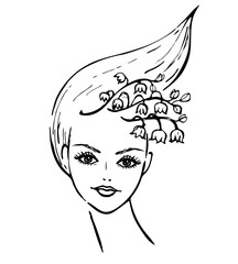 Black line portrait of girl with hair shaped like a lily of the valley flower. Woman with leaf and flowers on head. Image concept for the horoscope. Hand drawn, vector, isolated on white background.