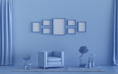 Mock-up poster gallery wall with 7 frames in solid pastel light blue room with furnitures and plants, 3d Rendering