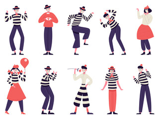 Mimes characters. Silent actors, pantomime and comedy performing, funny mimic poses. Male and female mimes characters vector illustration set