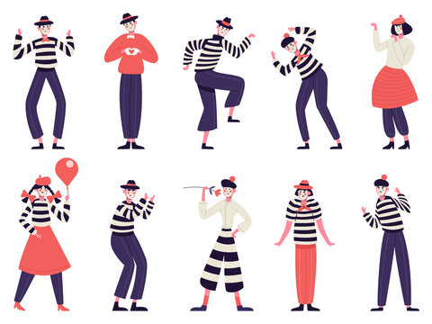 Mimes characters. Silent actors, pantomime and comedy performing, funny mimic poses. Male and female mimes characters vector illustration set