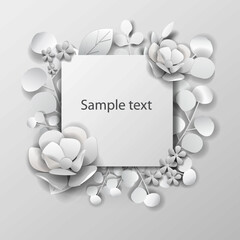 Paper art flower. Vector illustration for wedding, greeting card template.  Flowers background.