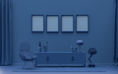 Single color monochrome dark blue color interior room with furnitures and plants,  4 poster frames on the wall, 3D rendering