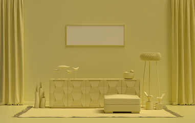 Single Frame Gallery Wall in light yellow color monochrome flat room with furnitures and plants, 3d Rendering