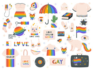 Lgbtq hand drawn elements. Cute lgbtq pride equality symbols, flag, rainbow, gender and peace signs. Pride month stickers vector illustration set