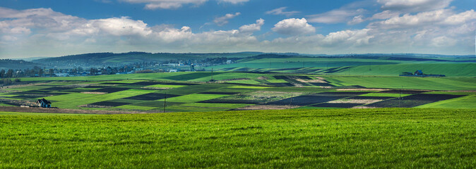 panorama of patchwork plots of land from the side of a green field of winter wheat in early spring